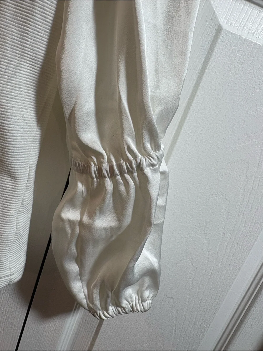 White Mixed Media Knit Top Satin Puff Sleeves Coquette minimalist Parisian chic